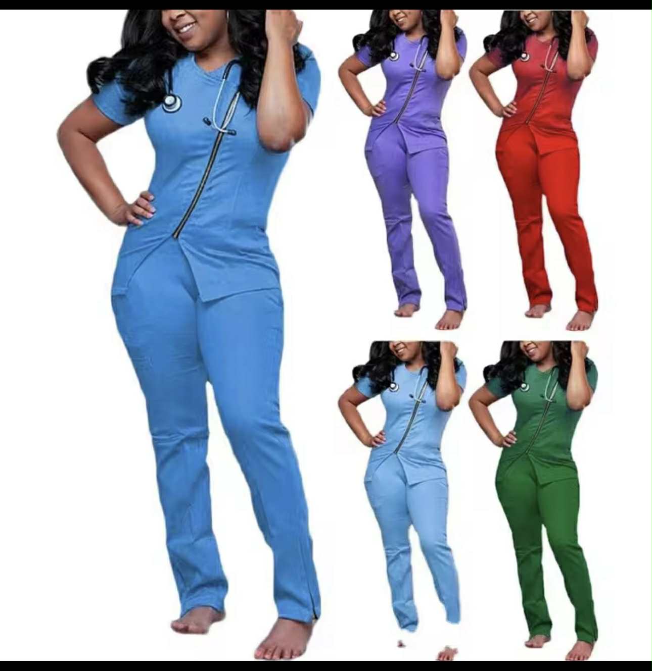 Women Zipper Style Soft Fabric Nurse Scrubs